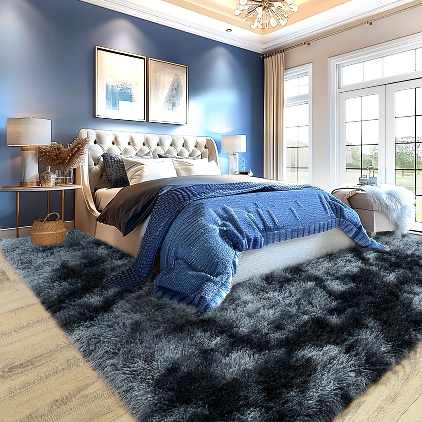 Rezutan Extra Large Fluffy Area Rug for Bedroom Living Room, 9x12 Feet Blue Gray Modern Indoor Carpets Room Colorful Rugs, Plush Indoor Nursery Classroom Home Decor Bedside Rug with Non-Slip Bottom