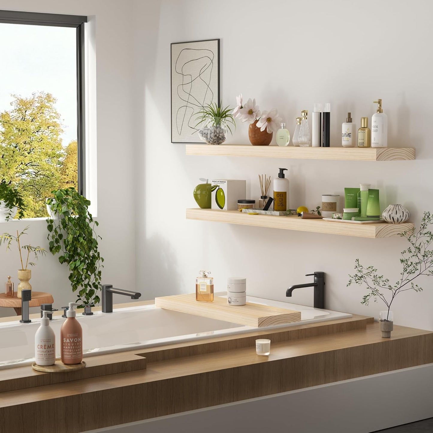 Light Wood Floating Shelves 48 Inch, 8 in Deep Single Book Shelf Floating for Wall Mounted, Heavy Duty Shelf Hold 100 lbs, Unfinished Wall Shelves for Bathroom, Living Room, Kitchen, Bedroom, Office