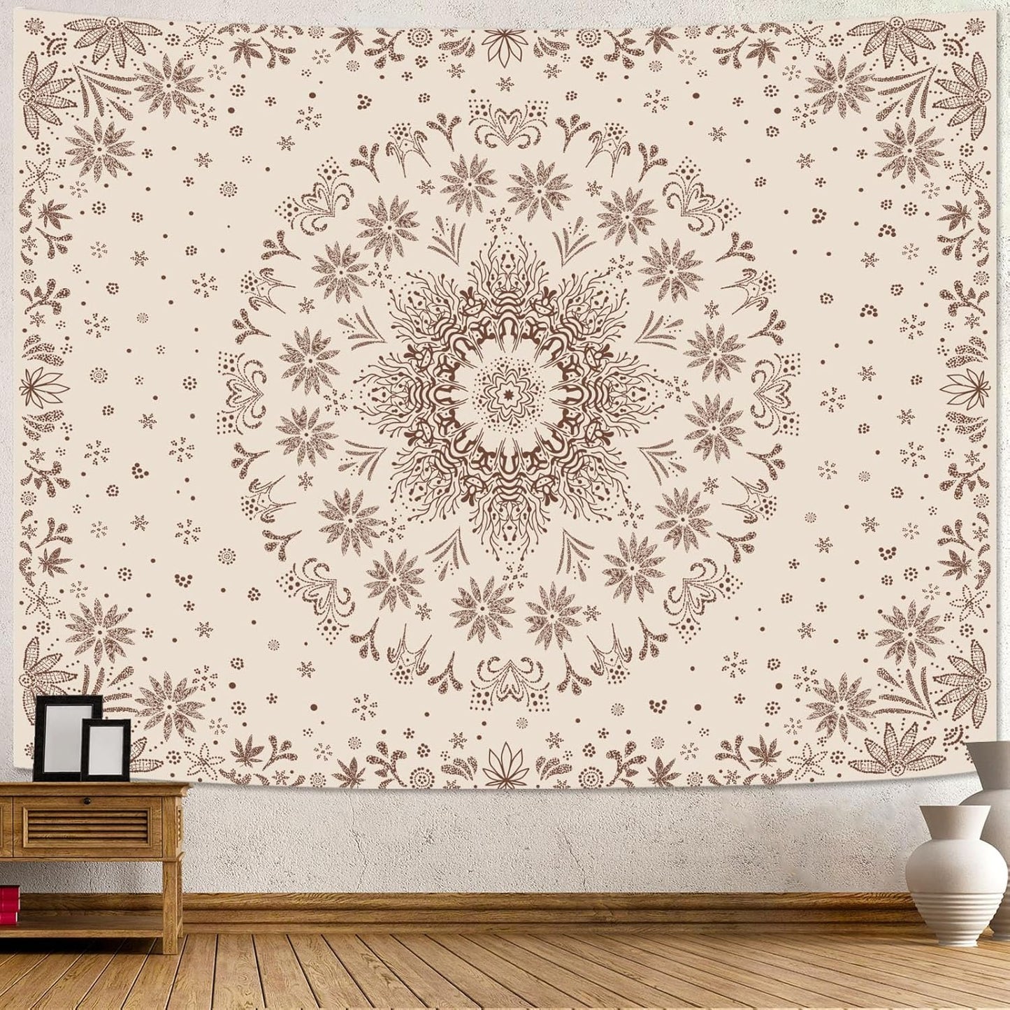 Fowocu Boho Floral Mandala Tapestry Wall Hanging Bohemian Flower Medallion Tapestry Aesthetic Beige Brown Hippie Indian Small Tapestries for Bedroom Living Room Dorm Decor 60 x 44 Inch