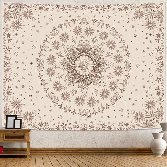 Fowocu Boho Floral Mandala Tapestry Wall Hanging Bohemian Flower Medallion Tapestry Aesthetic Beige Brown Hippie Indian Small Tapestries for Bedroom Living Room Dorm Decor 80 x 60 Inch