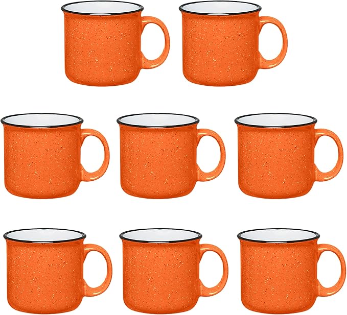 Set of 8 Ceramic Campfire Mugs – 15 Oz, Orange – Coffee & Tea Cups for Home, Work, Travel, Camping – Customizable, Great for DIY, Events, Companies