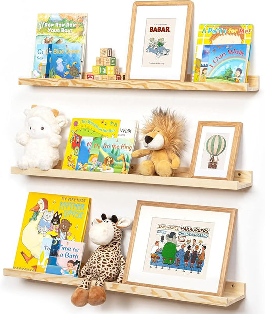 Picture Ledge Shelf for Wall, 36 inches Solid Pine Wood Nursery Book Shelves 3 Packs, Floating Ledge Shelves for Kids' Room Bedroom Bathroom Living Room Photo Frames Office Nursey Wall Decor, Natural