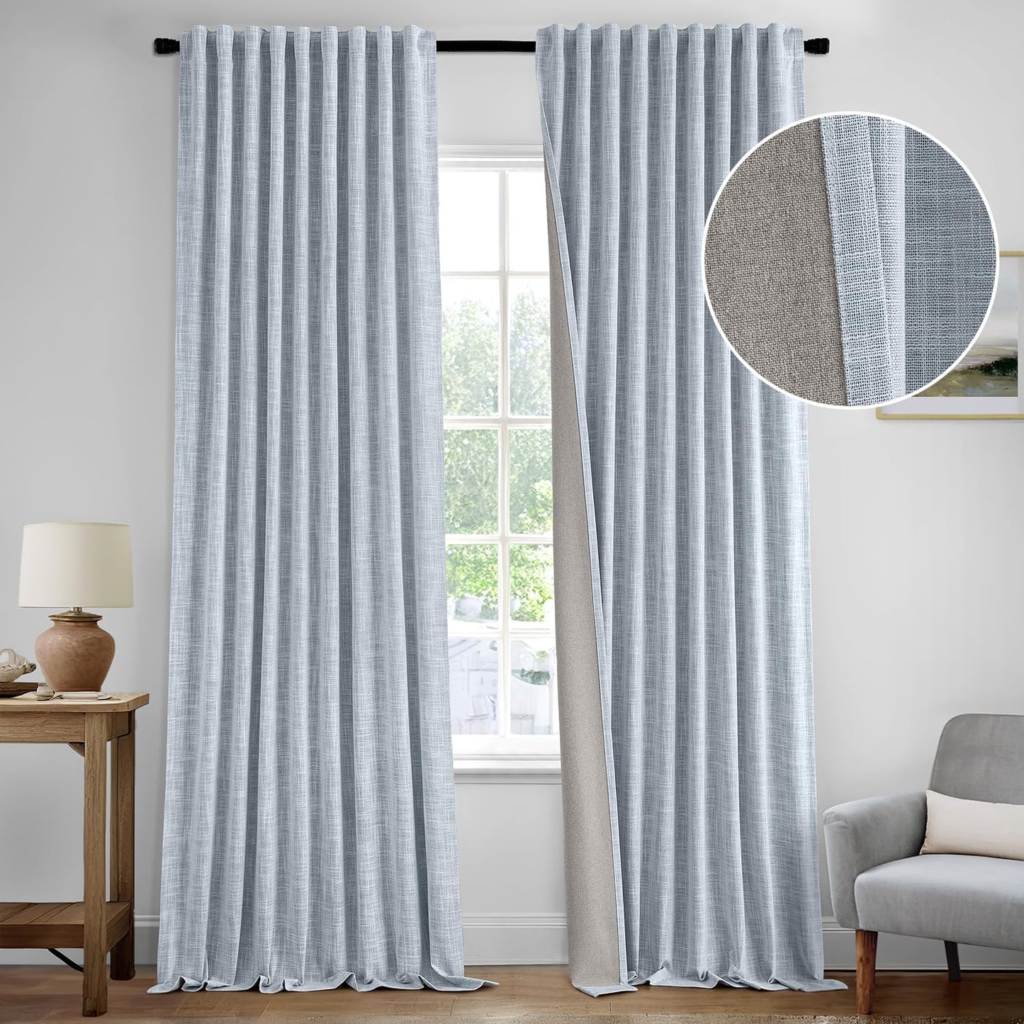 MIULEE Light Blue 100% Blackout Linen Curtains 120 Inch 2 Panels Set Double Sided No Coating Pinch Pleated Back Tab Black Out 10 FT Extra Long Thermal Insulated Bedroom Living Room Darkening Drapes