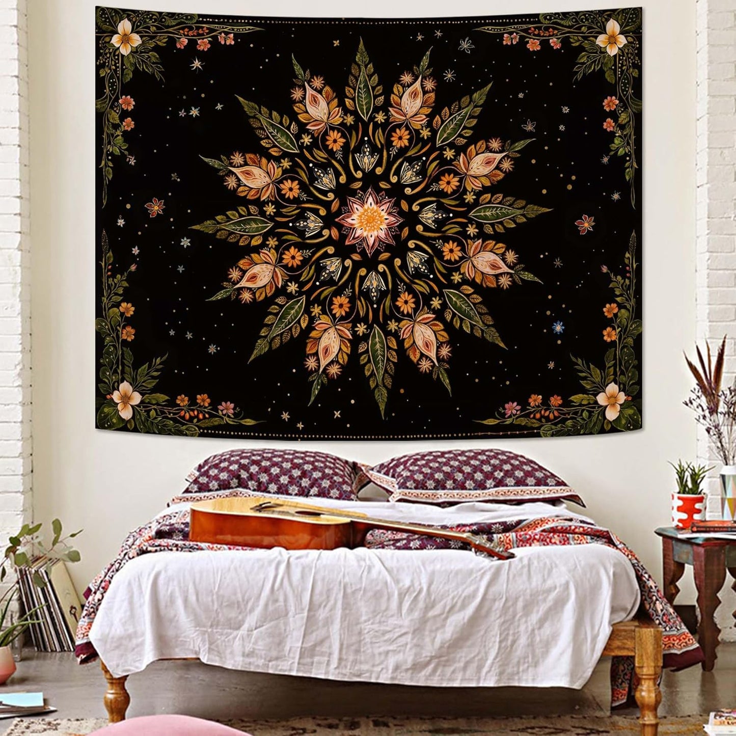 Fowocu Boho Floral Mandala Tapestry for Bedroom Aesthetic Vintage Bohemian Flower Wall Tapestry Black Green Hippie Indian Small Tapestries Wall Hanging for Living Room Dorm Decor 48 x 36 Inch