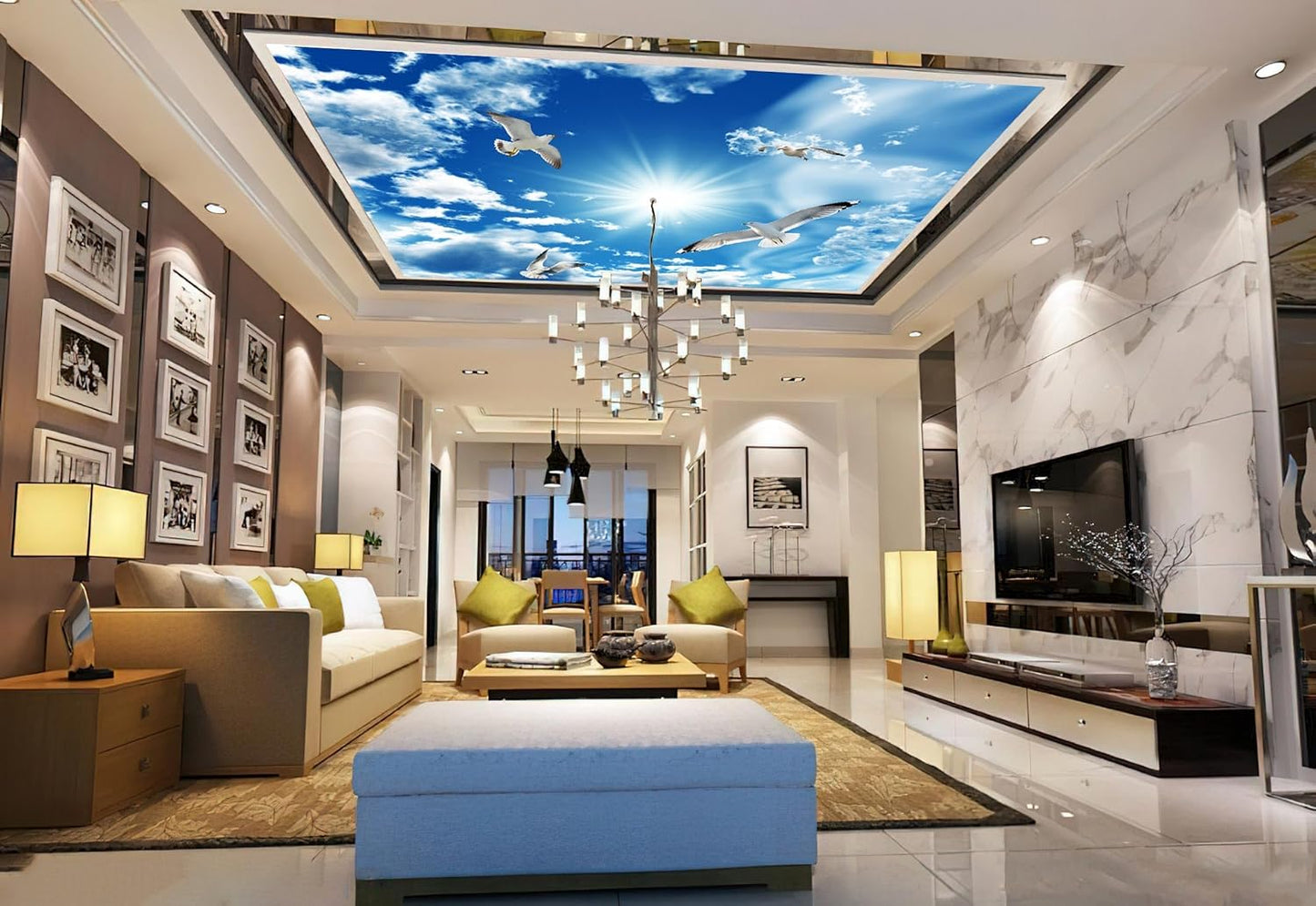 Blue Sky, White Clouds, Sunshine Seagull Ceiling Wall Mural Wallpaper 137" x 100"