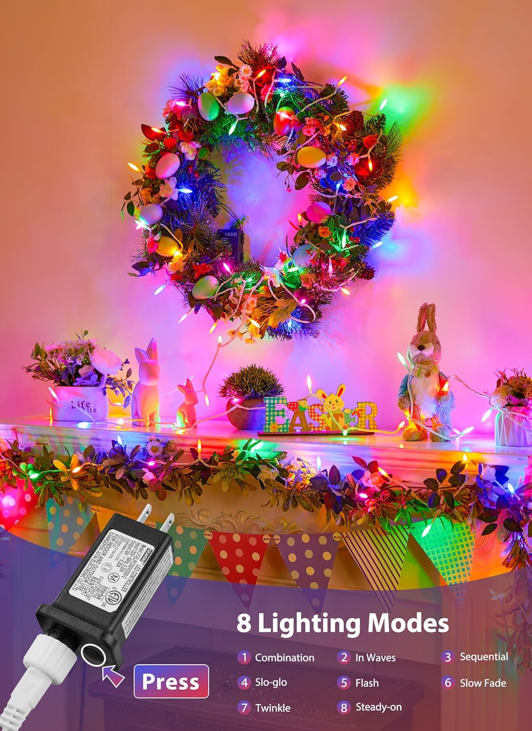 Pink + Multicolor Mini String Lights, 39 Feet 100 LED Pastel Mini Lights with 8 Lighting Modes, Connectable Twinkly Light for Indoor Outdoor Party Yard Garden Patio Home Wreath Holiday Easter Decor