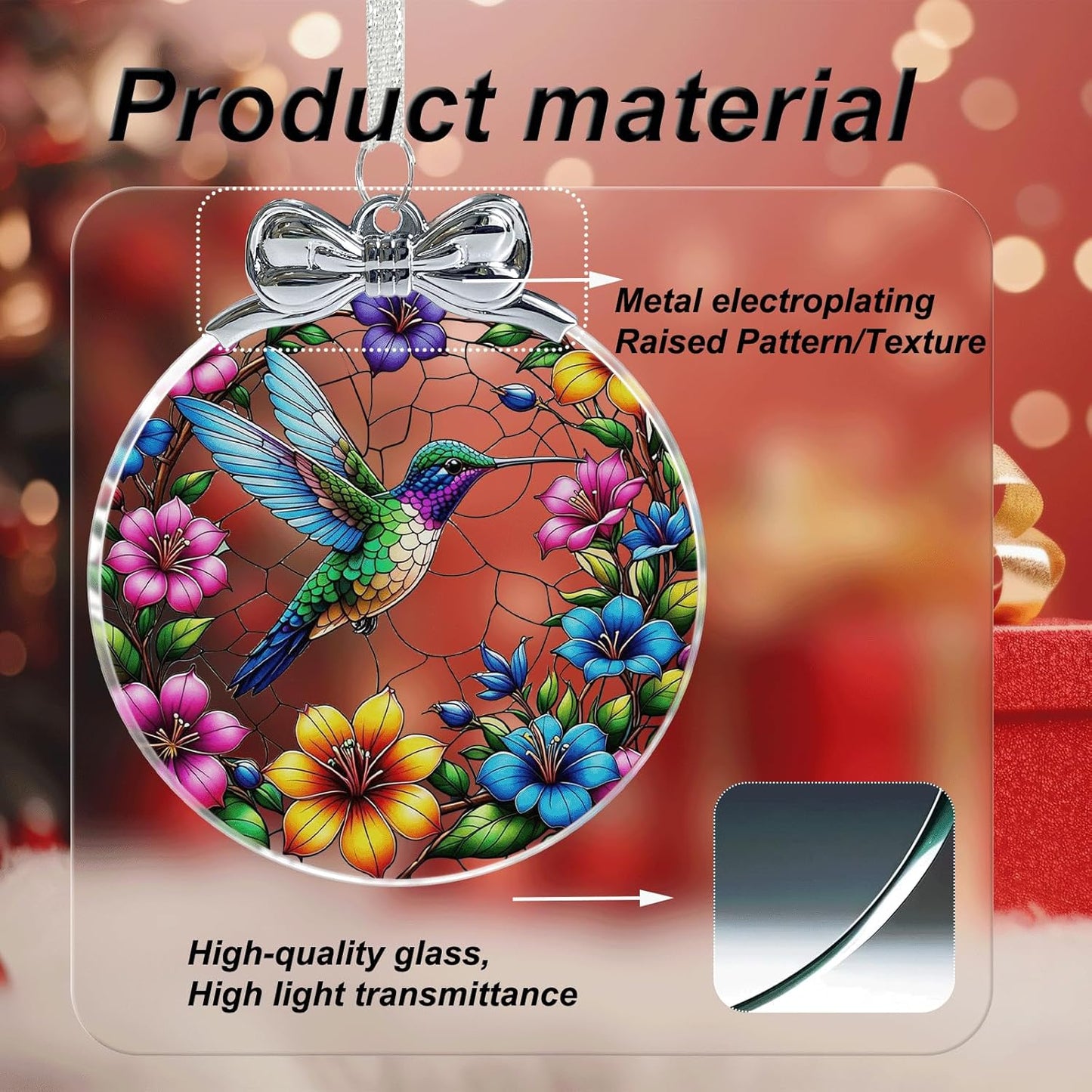 Hummingbird Stained Glass Christmas Ornament - Hanging Ornaments for Christmas Tree Decorations -Holiday Keepsake Present Exchange Idea