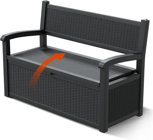 70 Gallon Outdoor Storage Box, Resin Patio Furniture with Armrest, Lockable Deck Box with Waterproof and UV Resistant for Patio Cushions, Garden Tools and Pool Supplies, Black