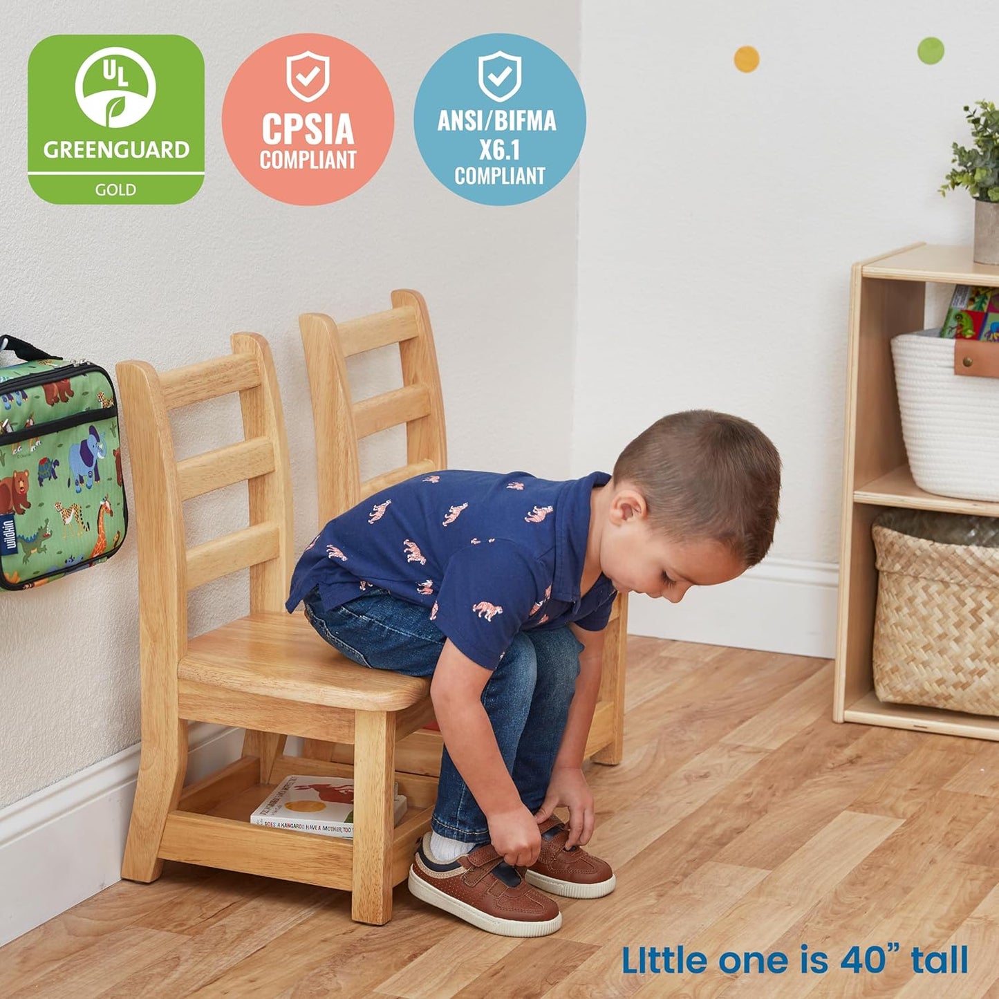 ECR4Kids Three Rung Ladderback Chair with Storage, 10in Seat Height , Classroom Seating, Honey, 2-Pack