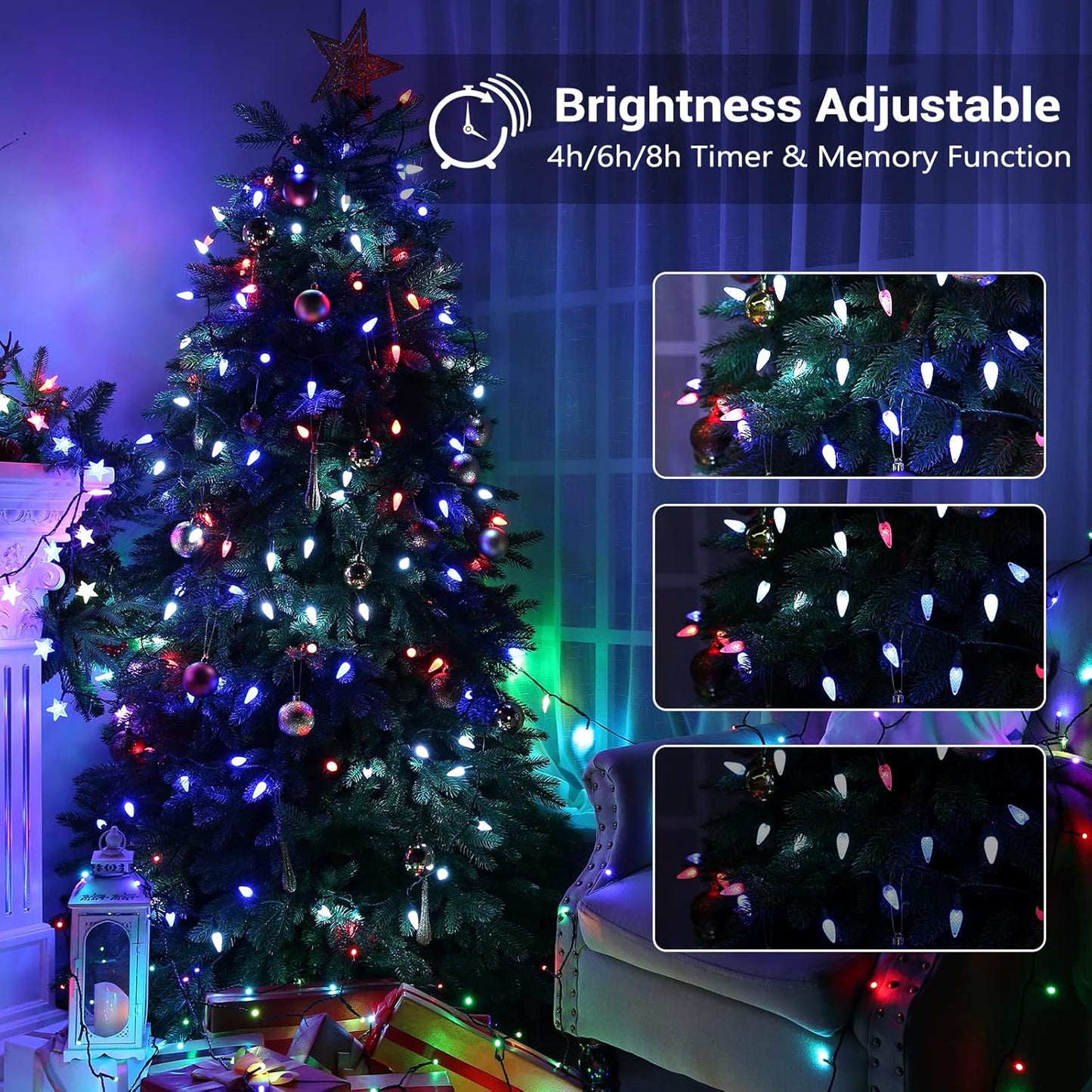 Brizled RGB Christmas Lights, 33ft 100 LED C5 Color Changing Outdoor, Connectable String Lights with Remote, Dimmable Xmas Tree Party