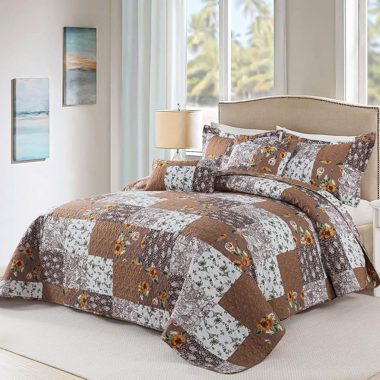 VAPUTAR Quilts Queen Size, Fall Patchwork Bedding Set with Floral Pattern, Soft and Breathable Coverlet Set, Lightweight Reversible Bedspread Suitable for All Season (90X98 inch, Brown)
