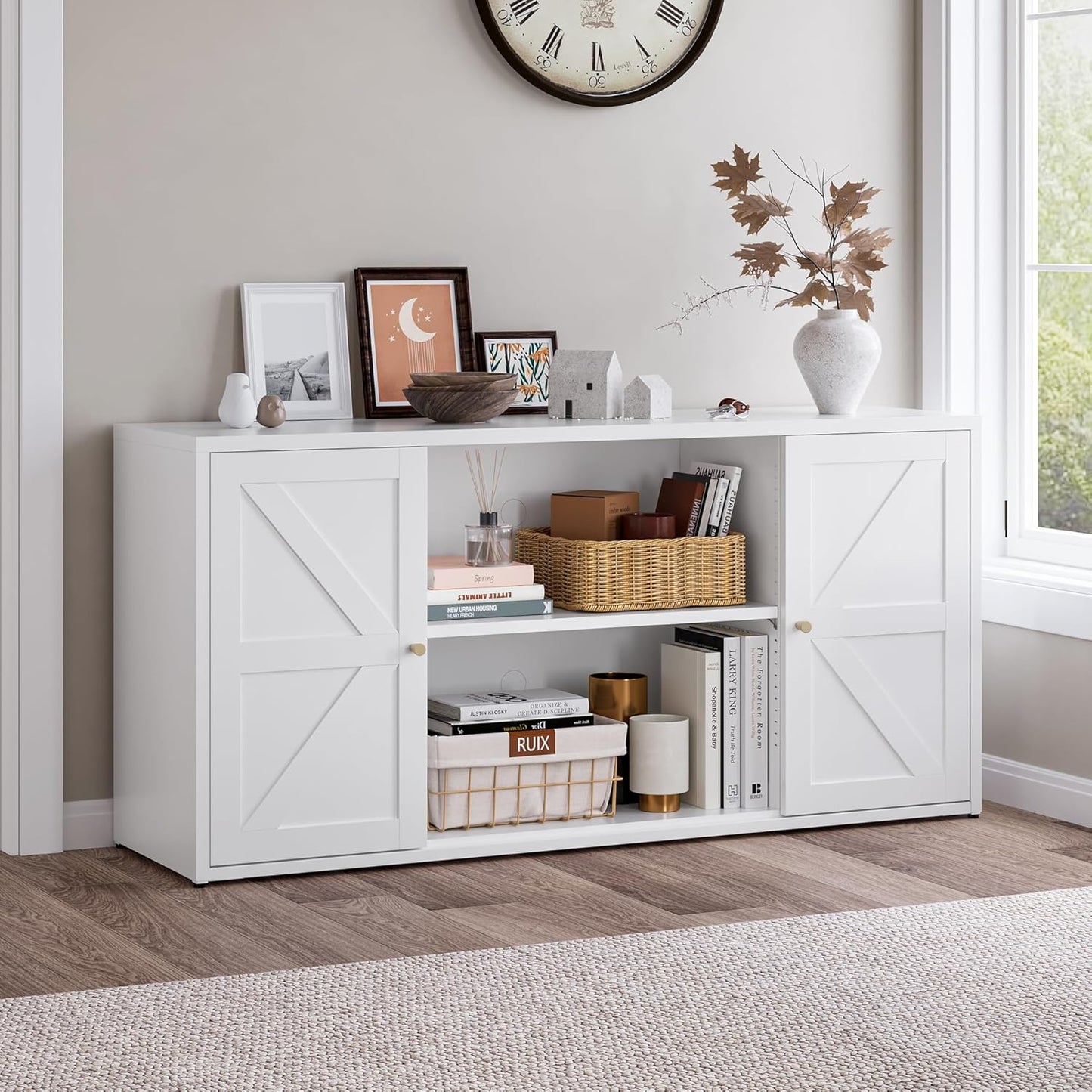 Farmhouse - Style 65 - inch Metal TV Stand: Entertainment Center with Locker, Barn - Style Doors, Adjustable Partition. Medieval Modern Media Console Table for Living Room & Bedroom (White)