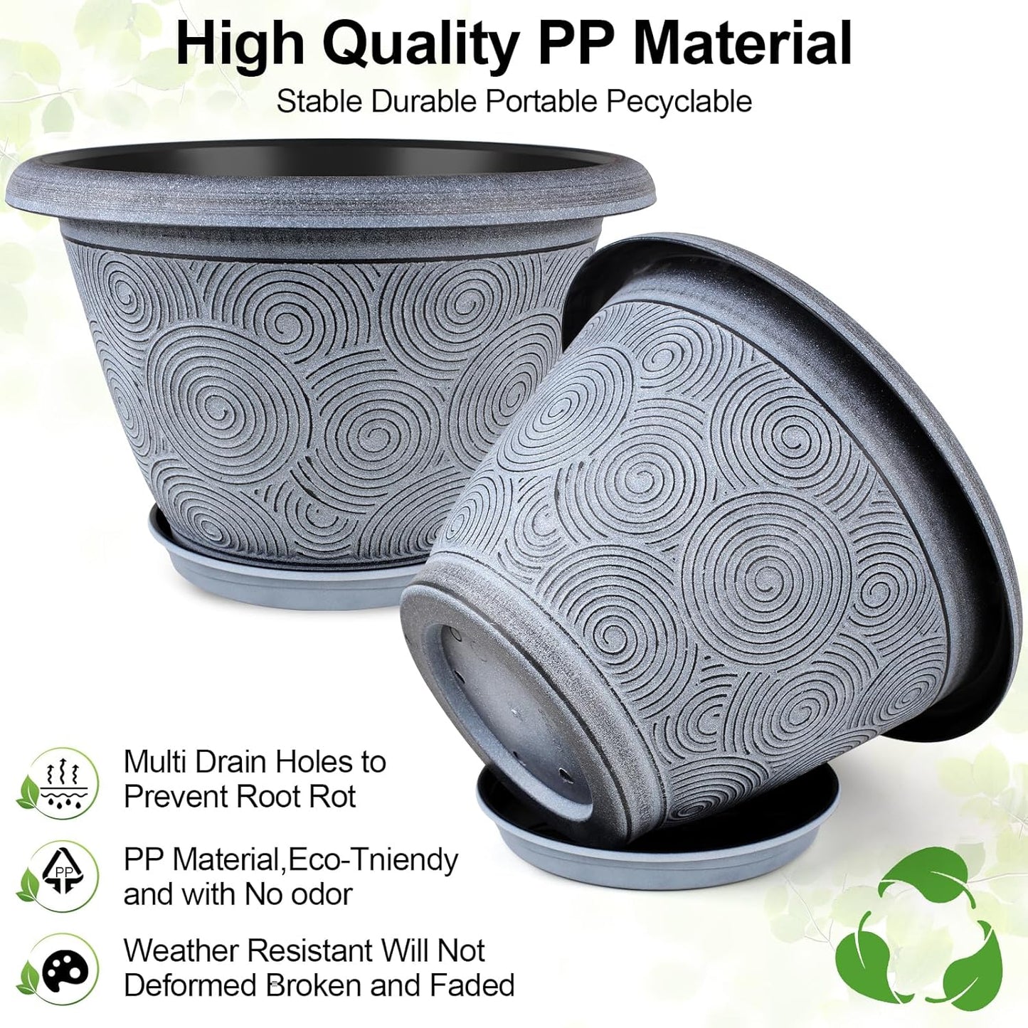 14 Inch Large Planter Pot for Plants Indoor Outdoor, 4 Pack Plastic Flower Pots with Drainage Hole & Tray, Modern Decorative Garden Pot with Saucer, Plant Container for House