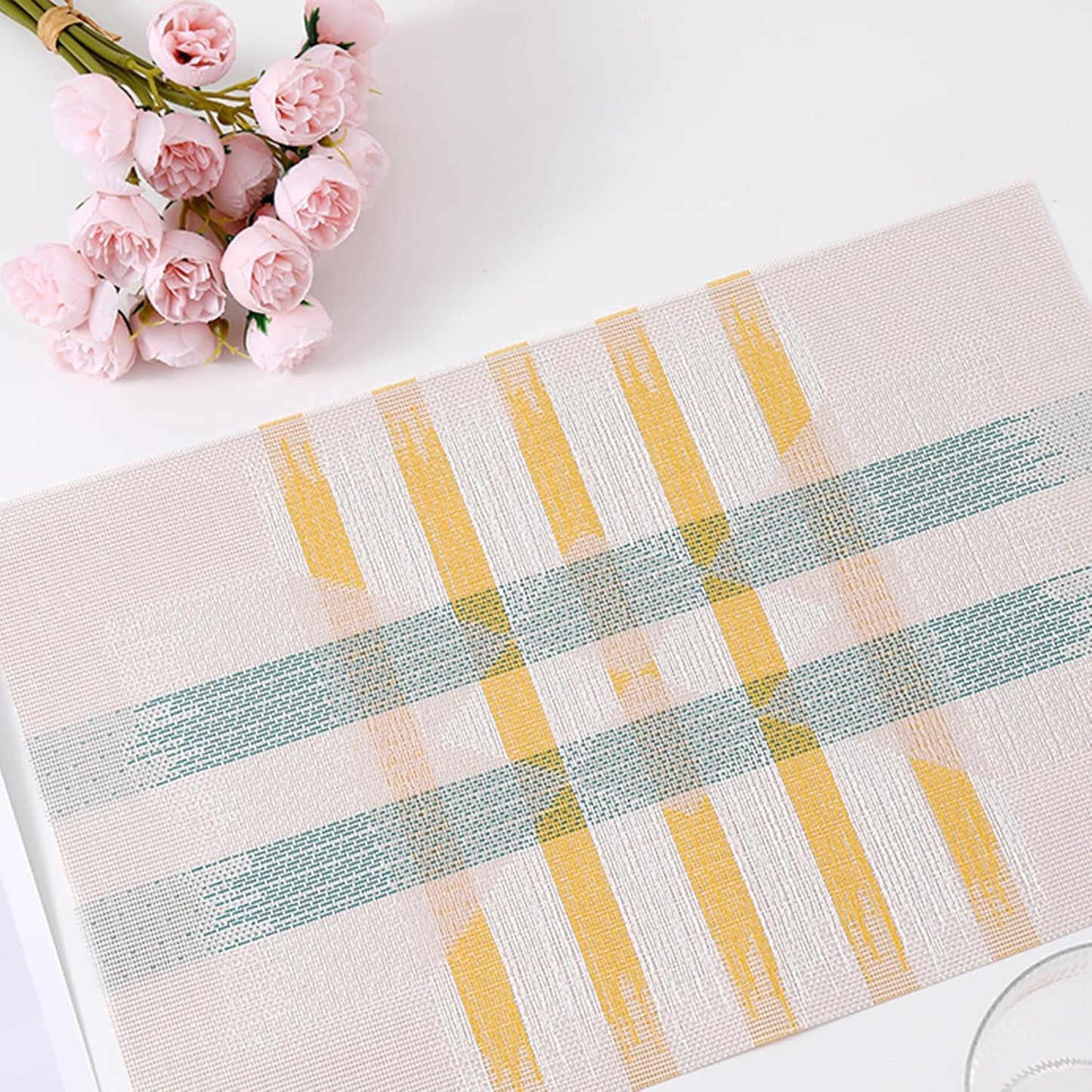 CADONO Placemats Set of 6 Washable Indoor/Outdoor Vinyl Place Mats for Dining Table Durable Non-Slip Heat Resistant PVC Weave Table Mats（Beige Green Cross）