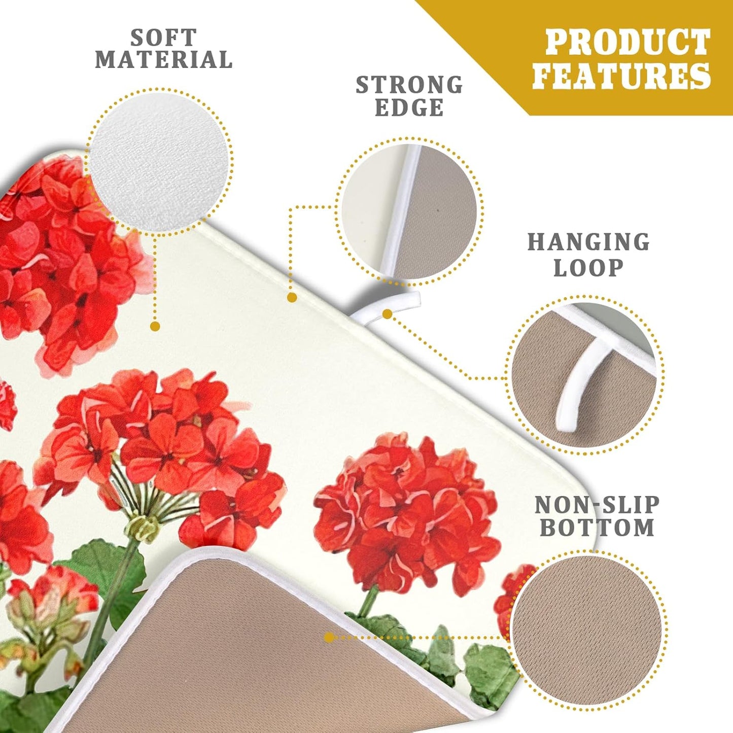 Spring Dish Drying Mat for Kitchen Counter Geranium Summer Floral Seasonal Absorbent Reversible Microfiber Kitchen Countertop Protector Dishes Pad Small 16x18 inch