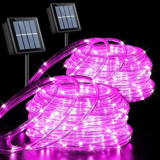 YEGUO Pink Solar Rope Lights Outdoor Waterproof, 2 Packs Each 33ft 100 LED String Lights for Outside, 8 Modes Fairy Lights in Clear Thin Tube for Valentine Party Garden Tree