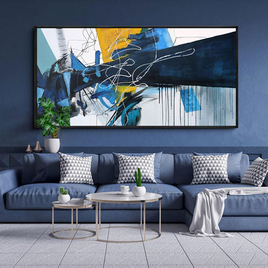 KLAKLA Extra Large Wall Art for Living Room - Blue and white Canvas Framed Wall Decor Living Room Abstract Picture Artwork for Office Bedroom Decorative Paintings