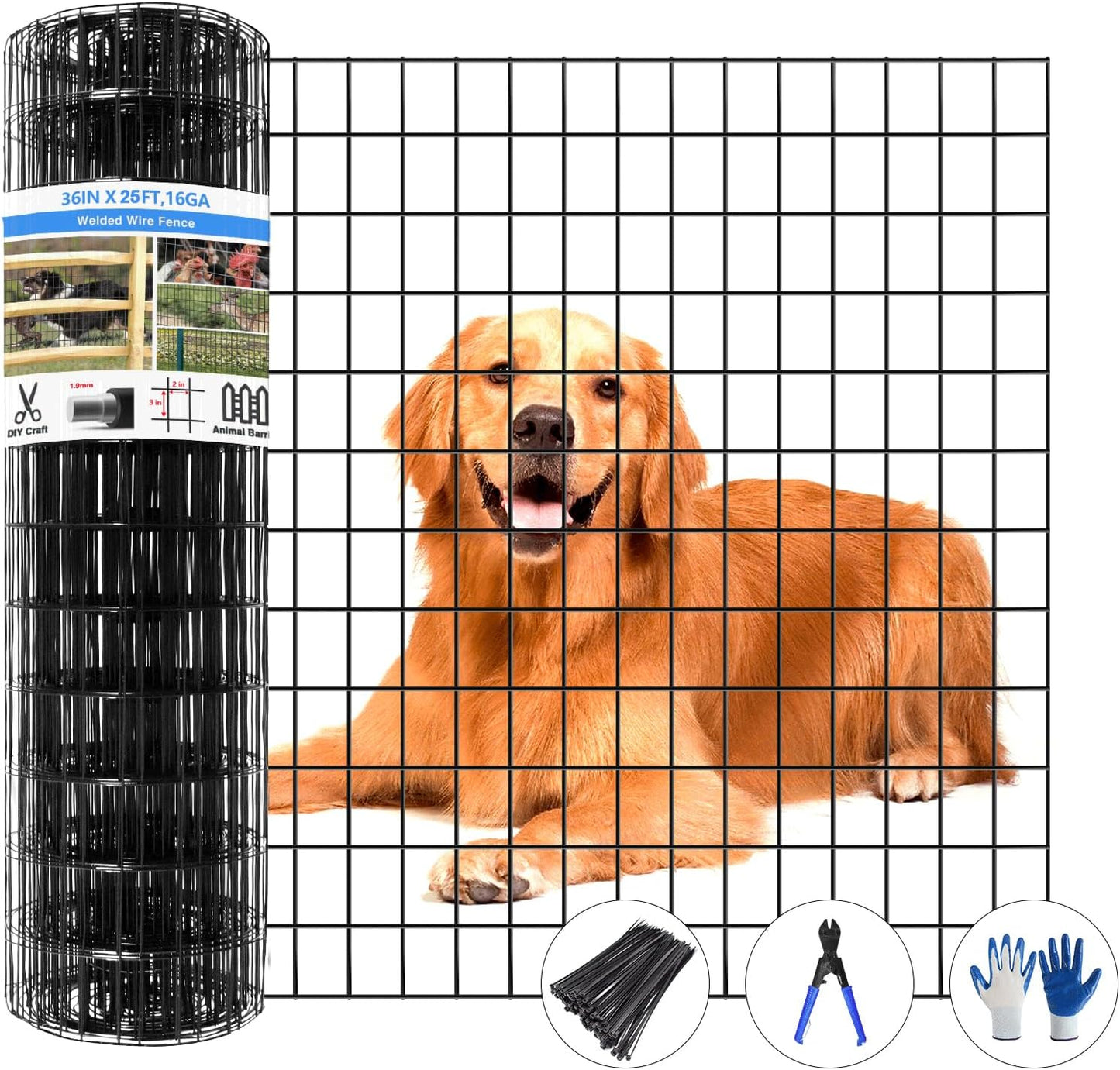 Welded Wire Fence, 25ft(L) x 36inch(H) Garden Fence for Dog, 2 Inch x 3 Inch 16GA Fencing for Chicken, PVC Coated Anti-Rust Roll Metal Wire Mesh Fence for Yard Vegetable, Black