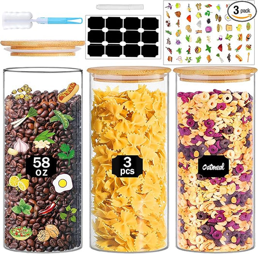 Glass Jars with Bamboo Lids, 58 oz 3 Pcs Kitchen Glass Containers with Bamboo Lids, Airtight Glass Pantry Storage Containers with Lids for Rice, Flour, Nuts, Cookie, Pasta, Oatmeal, Bean