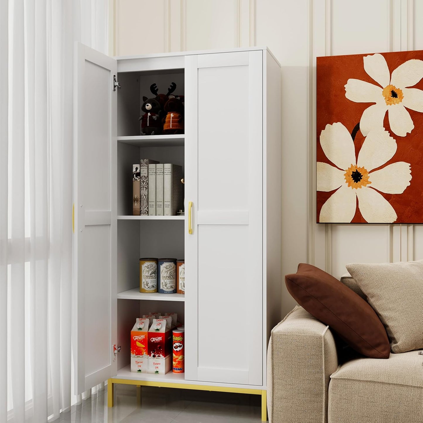 Tall Storage Cabinet, Kitchen Pantry Cabinet with 2 Doors & Adjustable Shelves for Laundry Room, Living Room, Entryway,Bathroom,White