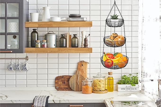 CAXXA 3-Tier Hanging Basket Fruit Organizer Kitchen Heavy Duty Wire Organizer with 2 Free Bonus Metal Ceiling Hooks, Black