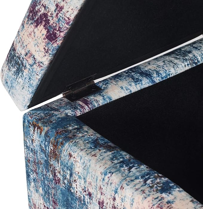 Adeco 18 Inch High Cube Ottoman Storage, Linen Chair Foot Stools, Upholstered Vanity Stool with Hinged Lid, Solid Wood Legs