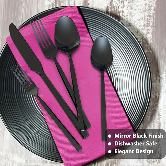 Black 20 Piece Stainless Steel Silverware Set, Handle Flatware, Modern Mirror Finish Cutlery Set, Service for 4, Dishwasher Safe