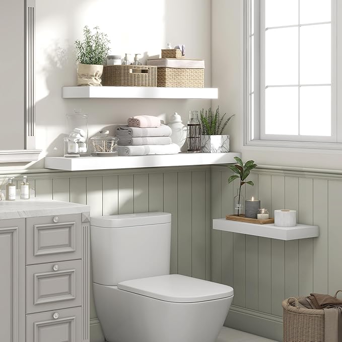 Heimlove 36 Inch White Floating Shelves for Wall,10 Inch Deep Wood Shelves with Invisible Brackets,Wall Mounted Storage & Display Shelves for Bedroom,Living Room,Kitchen,Office