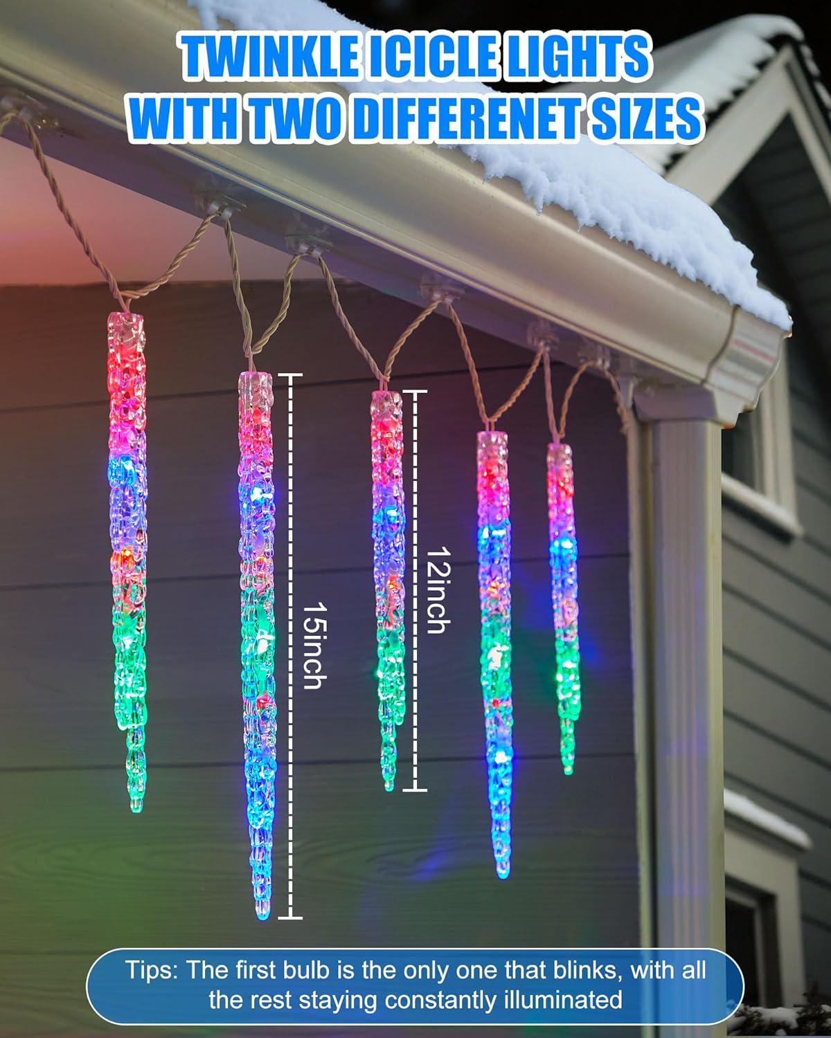 Minetom Icicle Lights Outdoor with Clips, 20ft 100 LED 20 Tubes Twinkling Crystal Icicle String, Connectable Waterproof Hanging Christmas Lights Plug in for Eave Outdoor, Multicolor