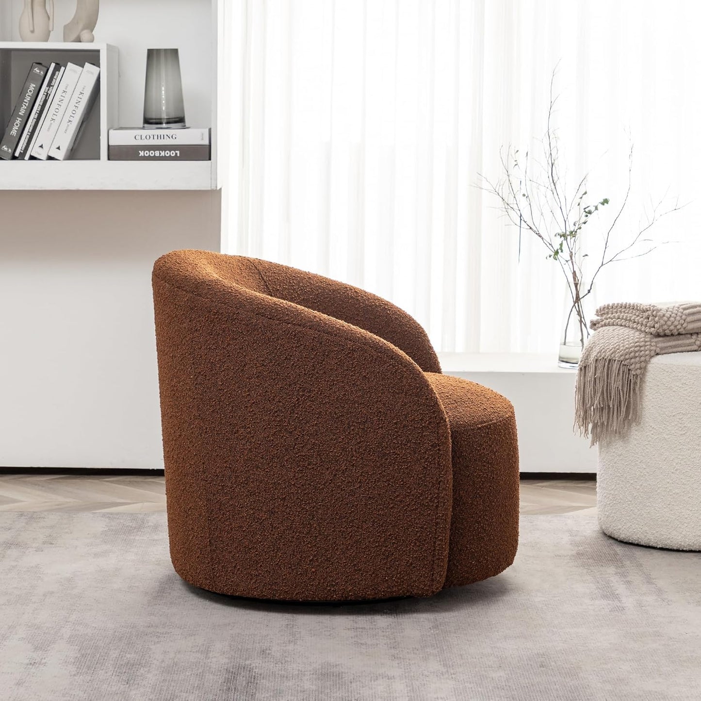 KINWELL 34" W Mid Century Modern Swivel Barrel Chair, Round Upholstered Boucle Swivel Accent Chairs, No Assembly Sofa Chair for Living Room Bedroom Reading Apartment Lounge Nursery