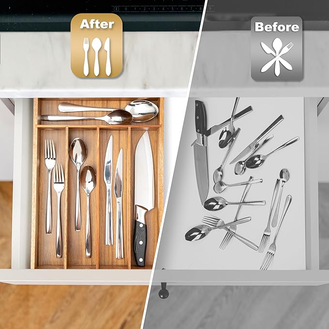 Silverware Organizer Kitchen Drawer Organizer Utensil Organizer Acacia Silverware Holder Cutlery Organizer in Drawer Flatware Organizer Tray(5 slots, Acacia
