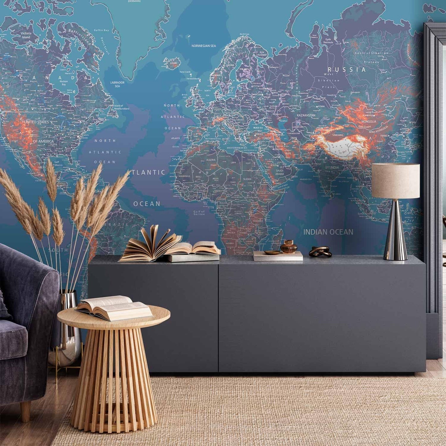 artgeist Premium Wall Mural World Map 79x55 in - XXL Non-Woven Wallpaper Fleece Wall Decor Photo Print Picture Image Design Home Map of The World k-A-0061-a-d