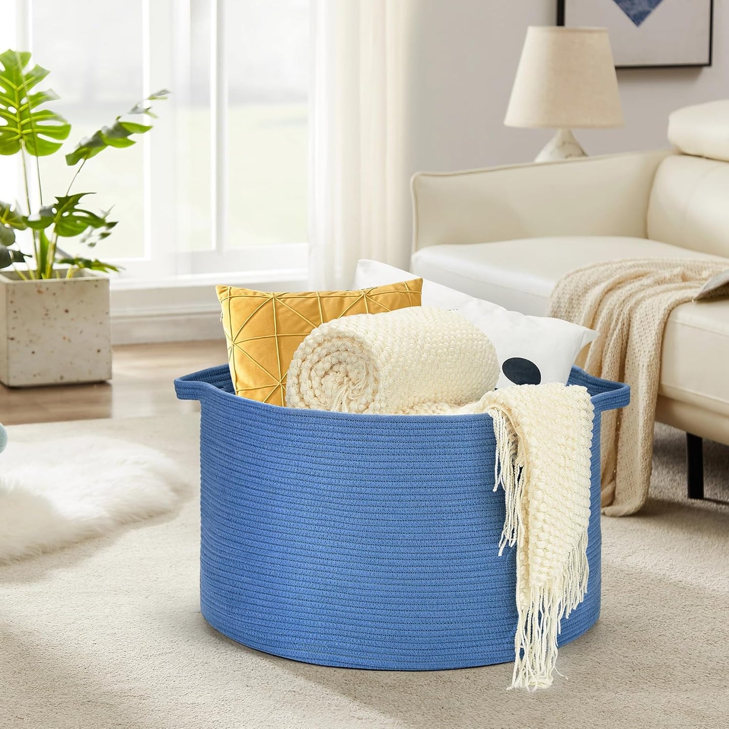 Ravinte Large Storage Basket - 22"x 22"x 14" Blanket Basket for Living Room, Baby Toy Storage Basket, Cotton Rope Basket Woven Laundry Basket (Blue)