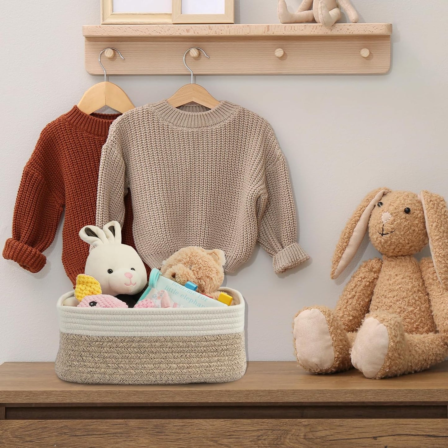 Small Woven Storage Baskets 13“X9”X5“ Decorative Rope Bins for Organizing Shelves, Closets, and Toys, Empty Gift Baskets, Cute Organizer Basket for Home and Office (white and brown, Large)