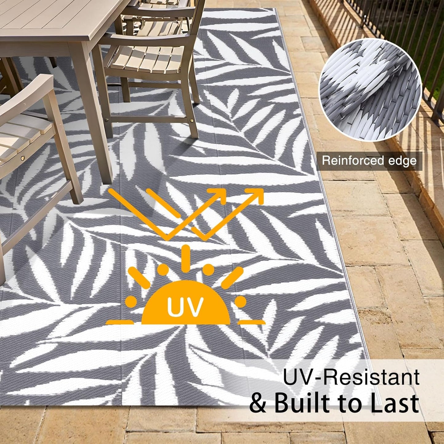 OLANLY Waterproof Outdoor Rug 5x8 ft, Reversible Outdoor Plastic Straw Rug with Leaf Pattern, RV Mat, Indoor Outdoor Carpet for Patio, Camping, Balcony, Deck, Backyard, Grey & White