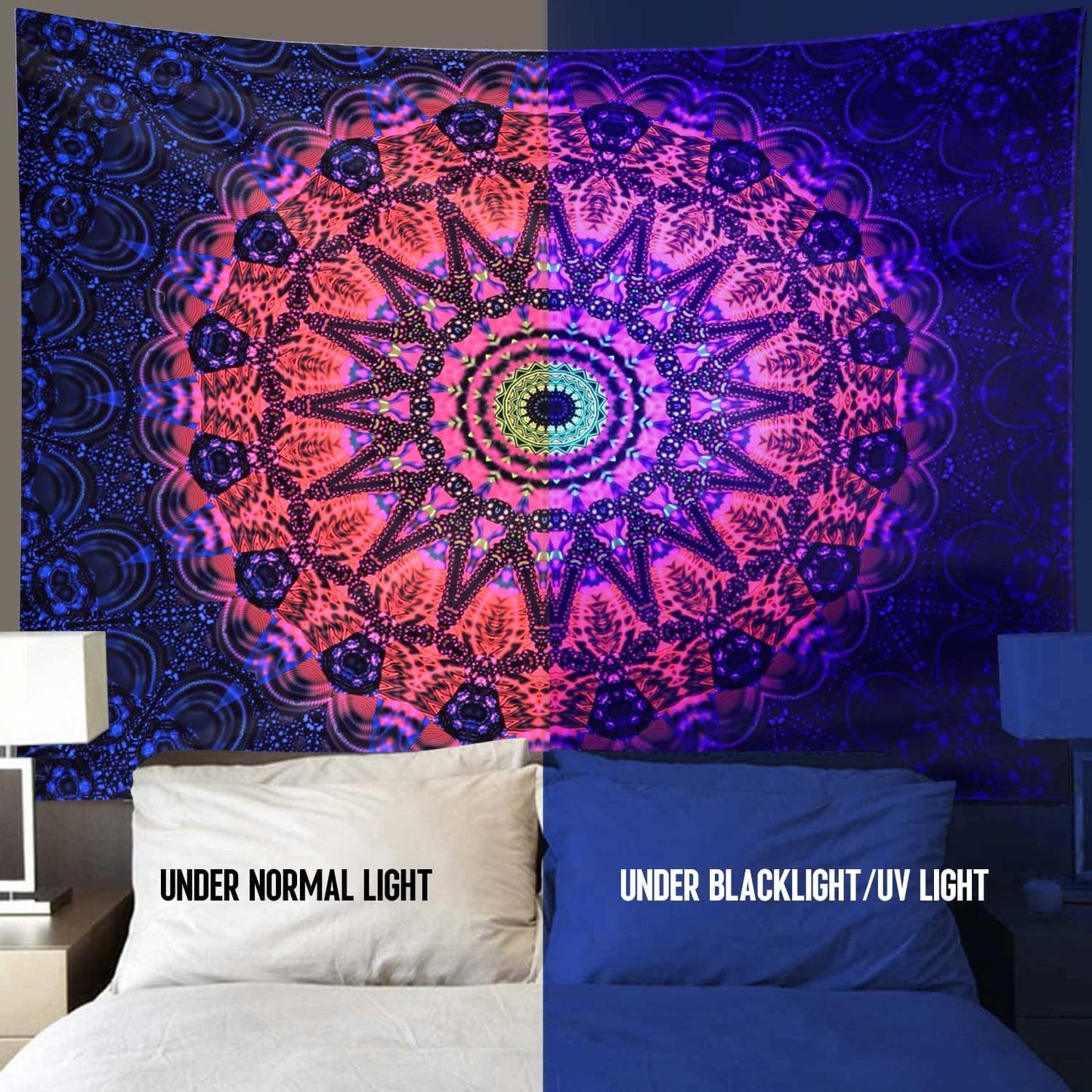 ADDWel Blacklight Mandala Boho Tapestry Glow In The Dark, Black Light Bohemian Hippie Poster Wall Hanging for Bedroom Aesthetic Wall and Room Decor (60" x 80", Mandala)