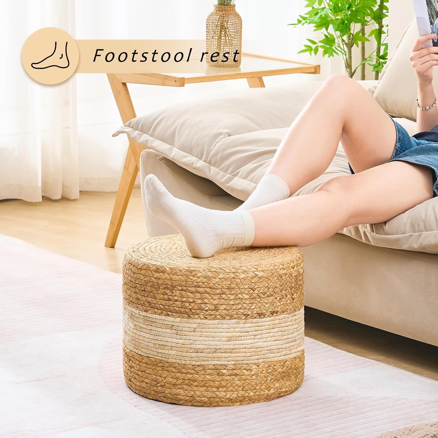 Handwoven Water Hyacinth Ottoman Pouf, Round Outdoor Footstool with Sturdy Frame, No Assembly Needed, Boho Accent Stool for Indoor & Outdoor Use – Patio, Balcony, Living Room (White)