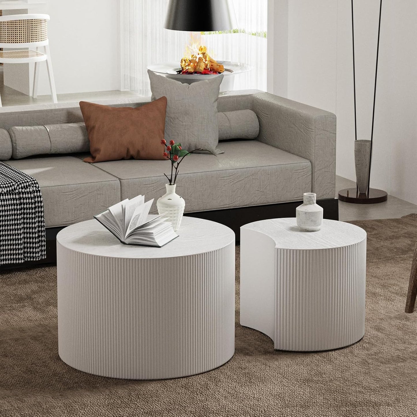 Round Nesting Coffee Table White Round Fluted Coffee Table Set of 2 for Living Room Small Circle Drum Coffee Tables Crescent End Table (White A 18in)