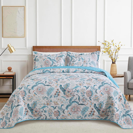 VAPUTAR Garden Queen Size Bedspread for Adults - Floral Quilt Queen Size Bedding Set (90 x 98 inch) with 2 Pillow Shams - Lightweight Reversible Coverlet Quilt for Bedroom, 3 Pieces