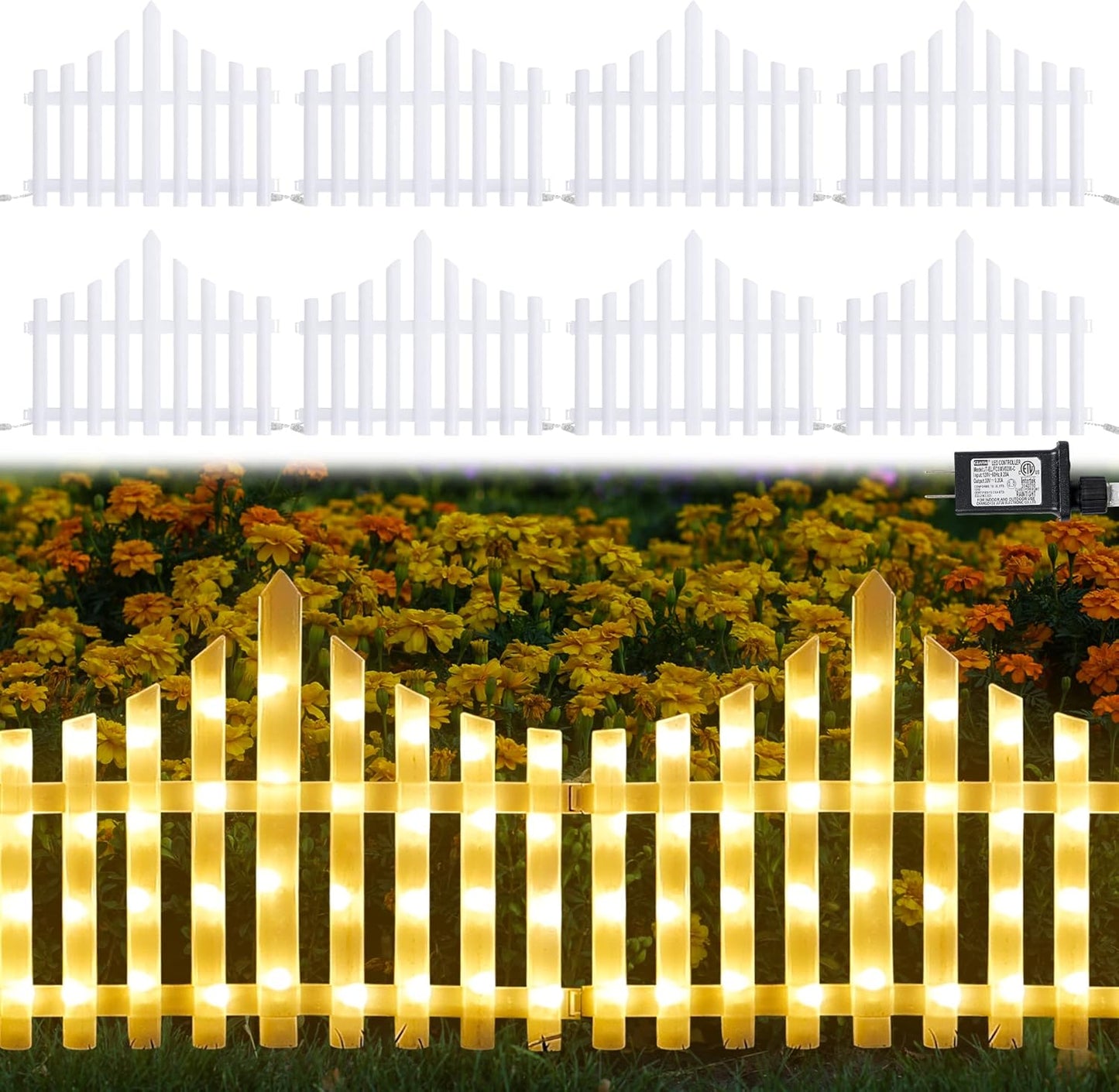 Hopolon 8 Pack 36LED Lighted Garden Fence,13.7x11.8inch Christmas Tree Fence Lights Plug in,8 Modes White Plastic Edgings Picket Decorative Fence for Landscape Patio Yard Path Home Xmas,Warm White