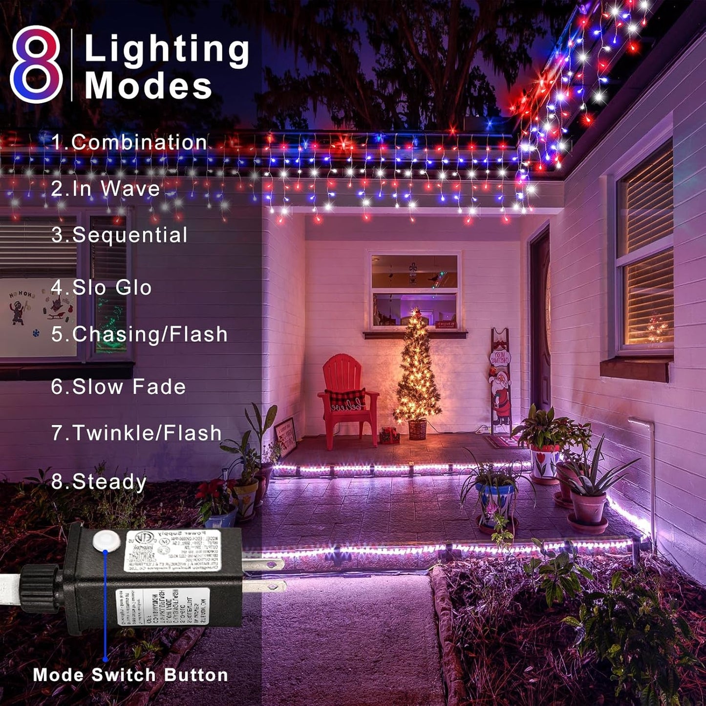 33ft 400LED Red White and Blue Lights for 4th of July Decorations Outdoor Independence Day Decorations Icicle Light for Outside, Clear Wire Connectable Twinkle Light for House Party Holiday Patio Yard