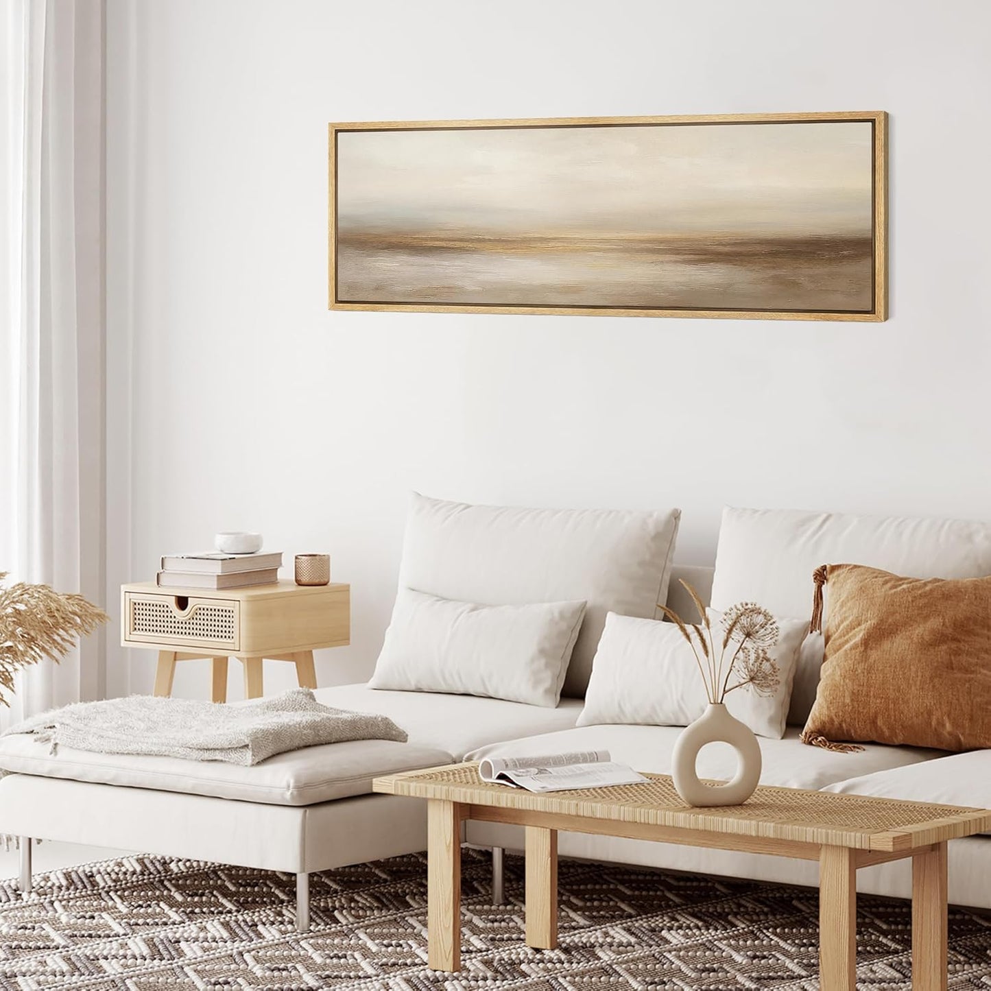 MUDECOR Large Framed Canvas Print Wall Art Neutral Beige Horizon Abstract Modern Minimalist Landscape Illustrations Decorative Colorful for Bedroom - 60"x20"