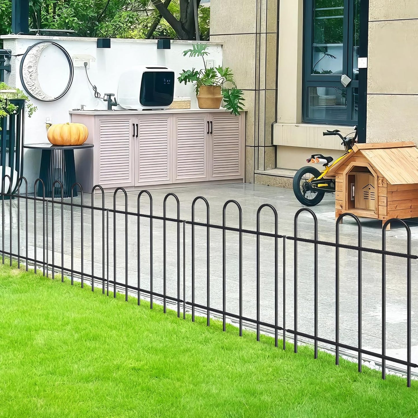 Metal Garden Fence 24 in H x 16 ft L, No dig Garden Border Yard Fencing, Dog Fence Outdoor Temporary Animal Barrier for Flower Bed Lawn and Patio, 8 Panels + 9 Stakes Black