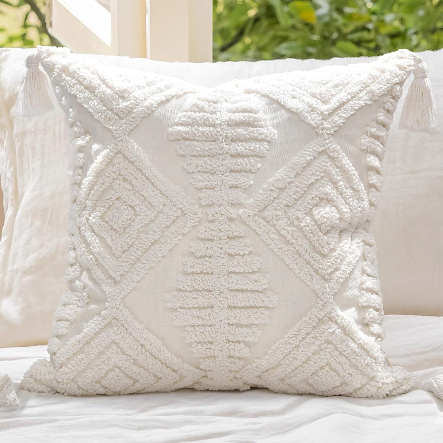 Boho Style Sofa Throw Pillow Covers – Exquisitely Crafted with Hand-Finished Tuft with Thick Cotton Tassel Details – Soft & Stylish Moroccan Decorative, 20x20inch (Spring Ruched)