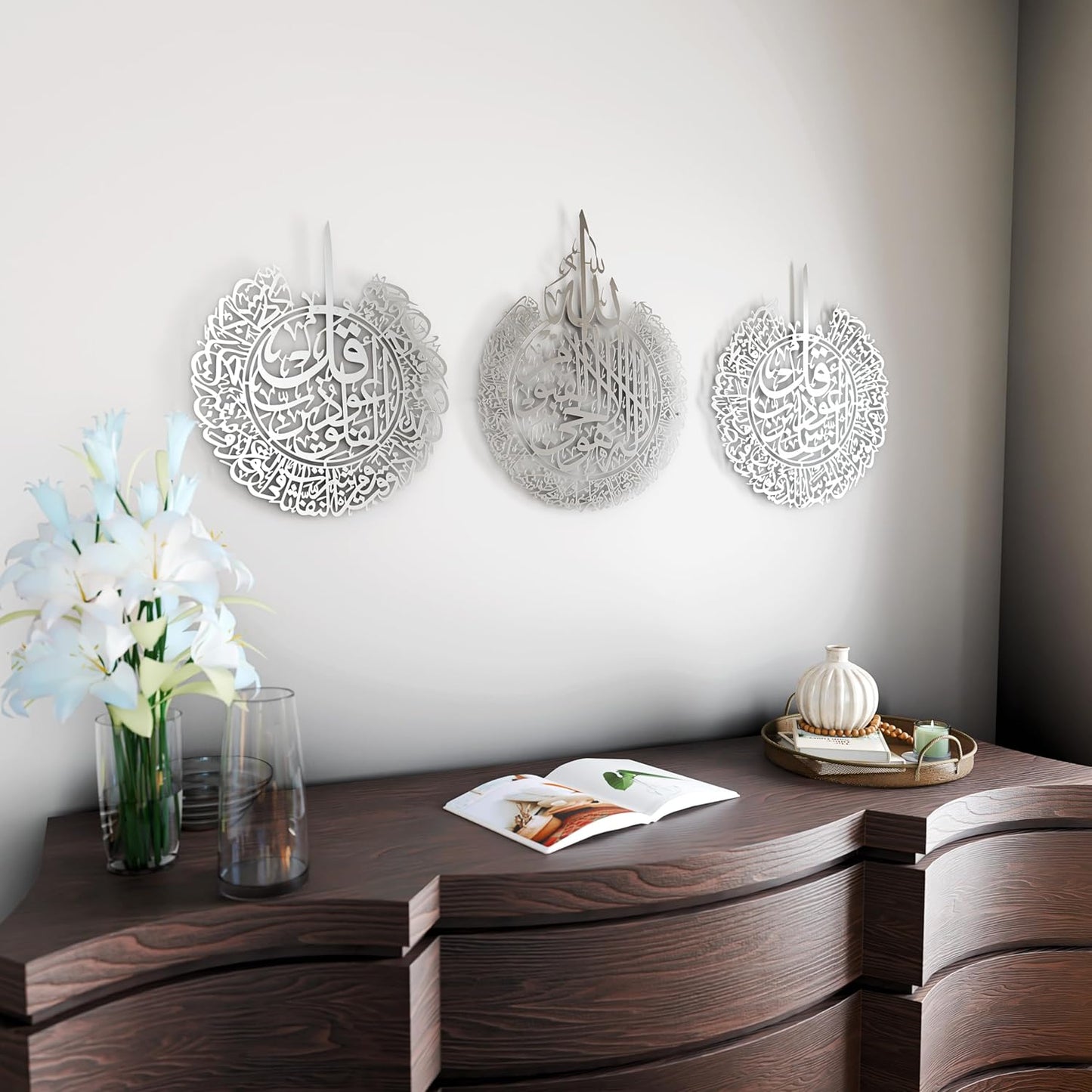 iwa concept Set of 3 Ayatul Kursi, Surah Al Falaq, Surah an NAS Islamic Metal Wall Art, Quran Wall Art, Arabic Calligraphy, Pray Room Decorations (M, Silver)