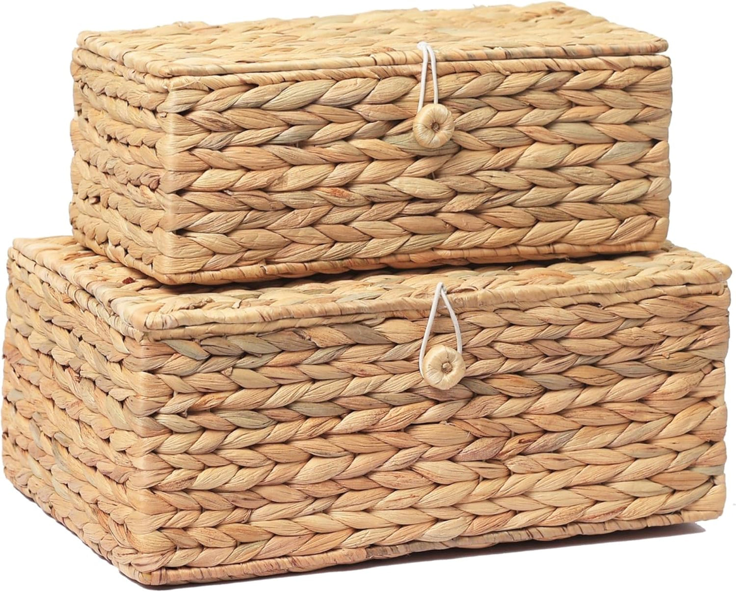 Set of 2 Rectangular Wicker Storage Bins with Lid, Rattan Basket Decorative Boxes, Multipurpose Organizer Display Boxes for Shelf Organizer, Boho Rattan Box for Home Decoration