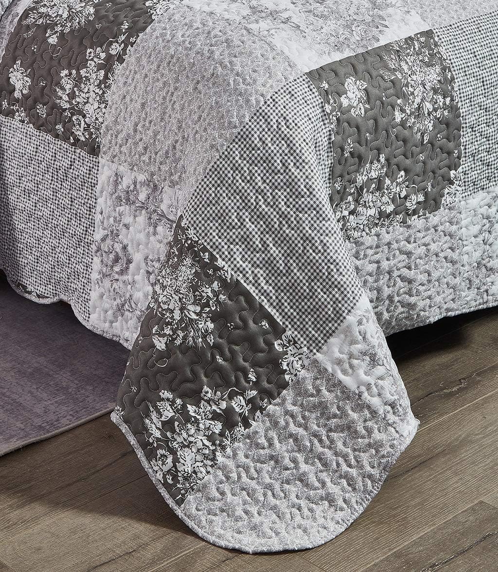 Brilliant Sunshine Grey Toile Floral Patchwork, 3-Piece Quilt Set with 2 Shams, Reversible Bedspread, Soft Lightweight Coverlet, All-Season, King, Grey