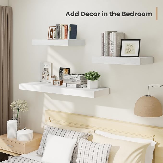 Heimlove 24 x 12 Inch Deep Floating Shelves Wall Mounted with Invisible Brackets,Storage Hanging Shelf for Wall Decor in Bathroom, Bedroom, Toilet, Kitchen, Living Room, Office Set of 2 (White)