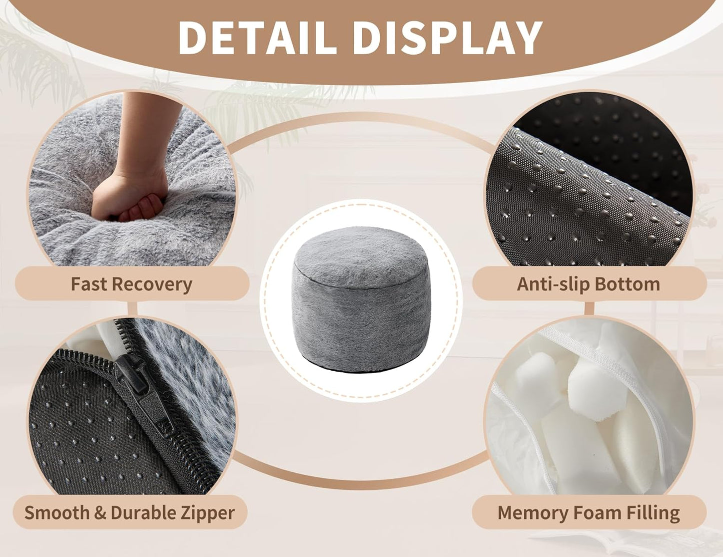 Boho Ottoman Living Room Furniture 26"x18" Large Round Ottomans Pouf Couch Foot Rest Grey Pouf Ottoman Foot Rest with Foam Chunk Filling Pouffe Ottomans Stuffed Foot Rest Poufs for Couch