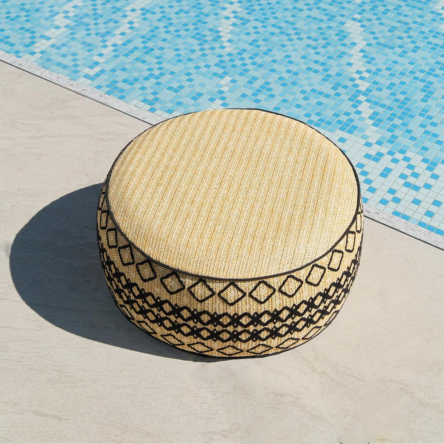 Outdoor Inflatable Ottoman with Air Pump, Embroidery Patio Footrest Stool D21”x H9”, Round Pouf Ottoman with Portable Handle Suitable for Garden, Camping, Bedroom, Living Room